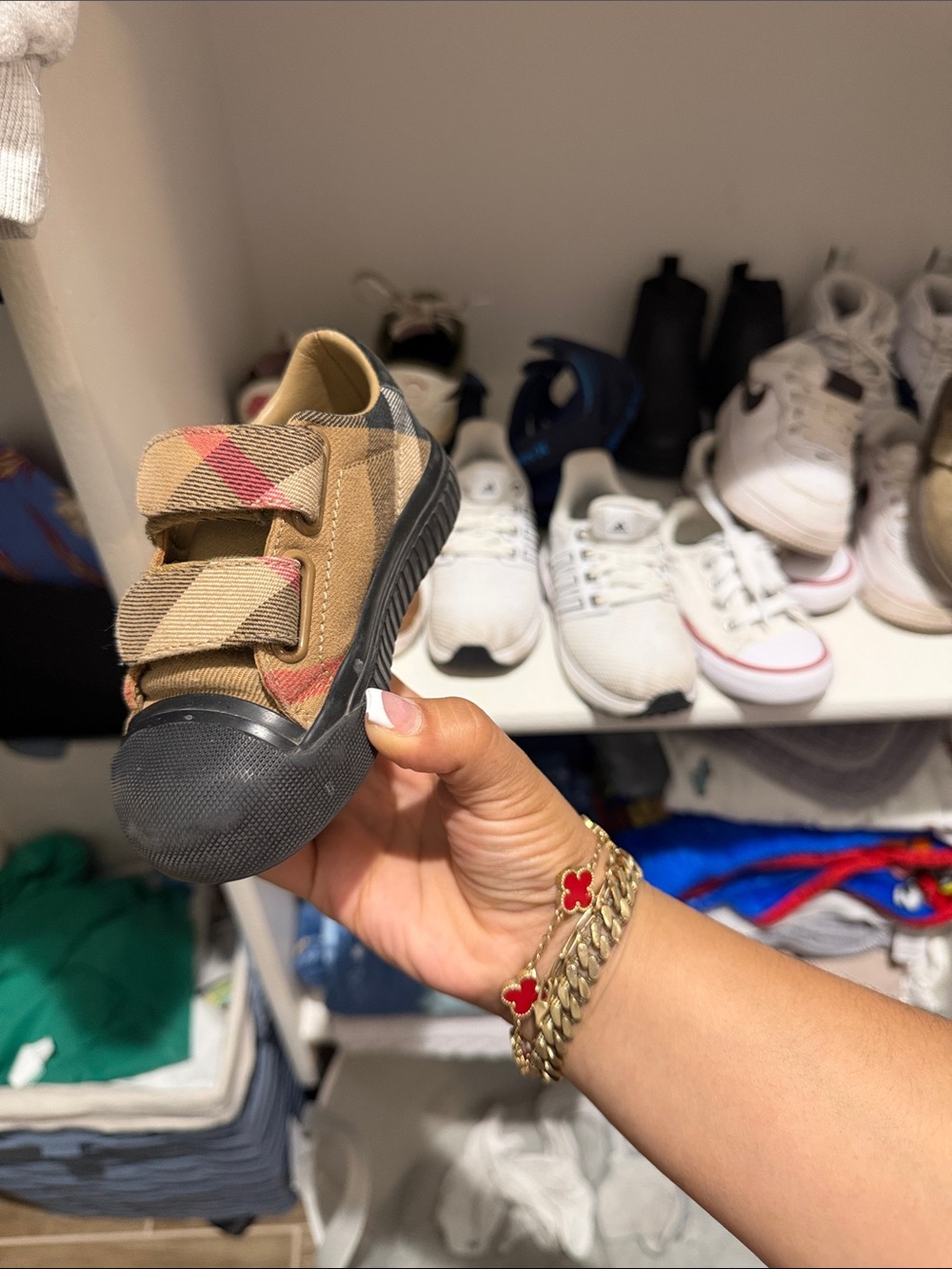Burberry Kids Plaid Velcro Sneakers in Beige with Black Toe